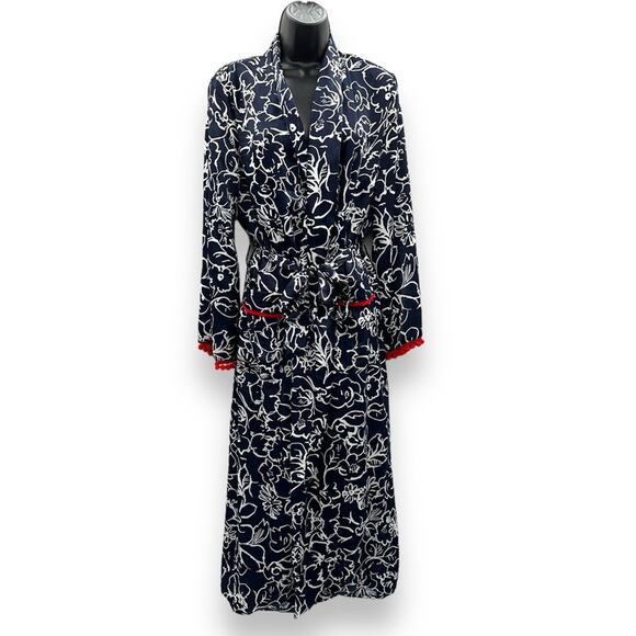 Misa Azores Tasseled Navy Blue & White Floral Long Sleeve Tie Long Kimono XS NEW - Picture 3 of 13